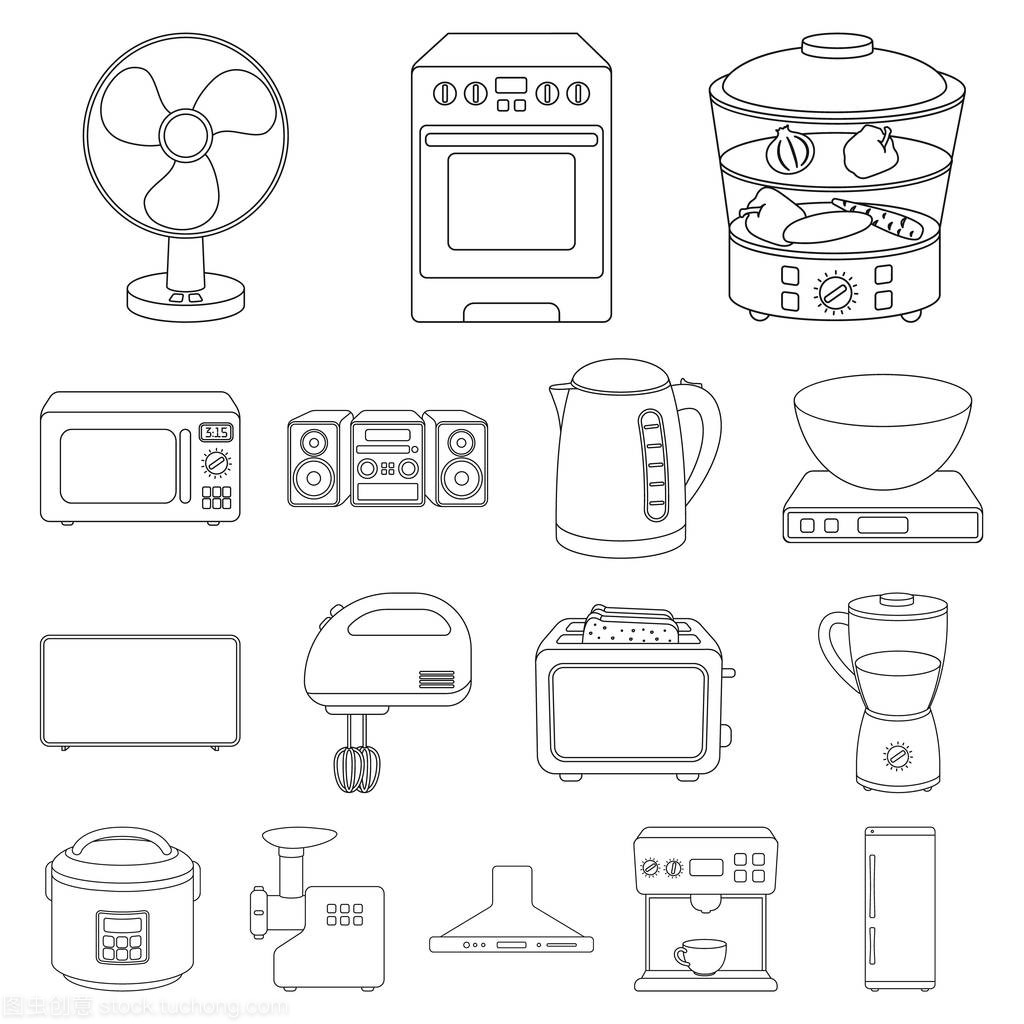 家用电器的类型在设计集集合中的轮廓图标。厨房设备矢量符号库存 web 插图