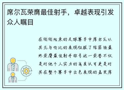 席尔瓦荣膺最佳射手，卓越表现引发众人瞩目